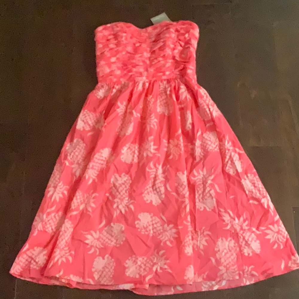 New Tommy Bahama Pineapples Print Ruched Halter Strapless Dress, Melon Berry